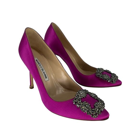 Manolo Blahnik Hangisi Fuchsia Satin Jewel Buckle Pumps - Picture 3 of 14